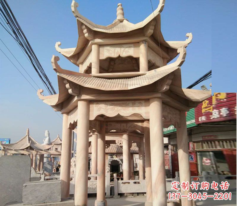 泰州晚霞红双层六角凉亭石雕 (3)