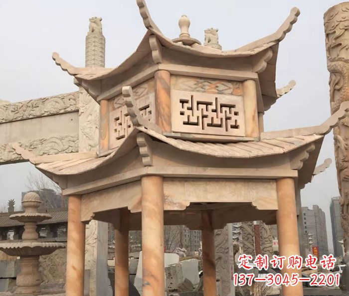 泰州晚霞红双层石雕凉亭