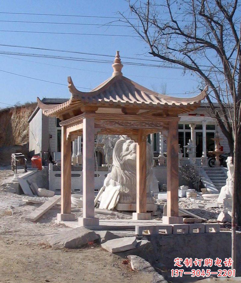 泰州晚霞红四角凉亭景观石雕