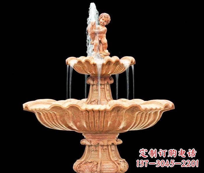 泰州晚霞红小孩抱鱼石雕喷泉