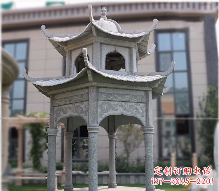 泰州小区大理石六角石雕双层凉亭