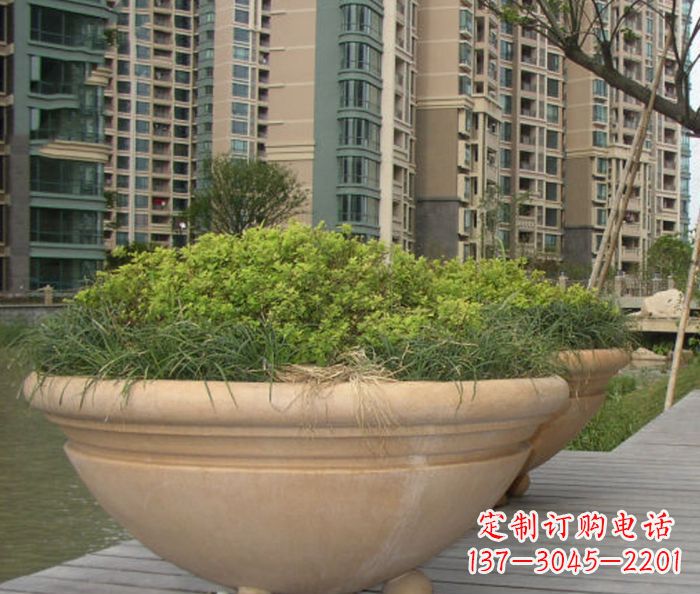泰州小区景观晚霞红花盆石雕