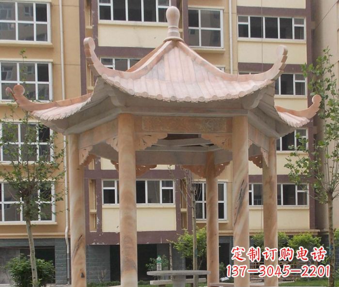 泰州小区晚霞红六角凉亭石雕