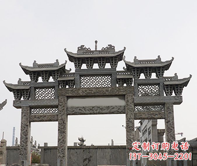 泰州园林仿古三门牌坊石雕 (4)