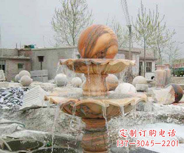 泰州园林景观晚霞红风水球喷泉石雕