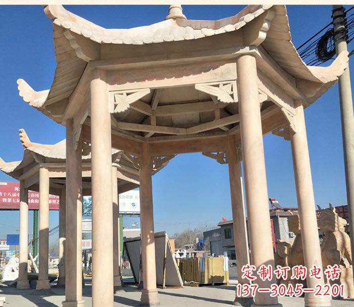 泰州园林景观晚霞红六角石雕凉亭 (2)