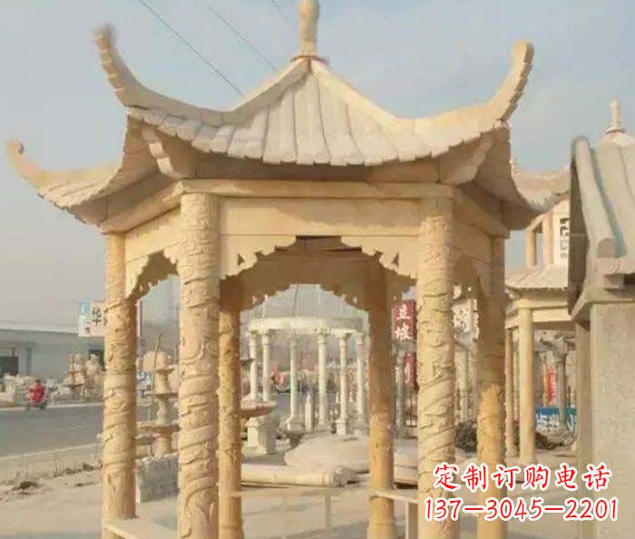泰州园林景观晚霞红六角石雕凉亭 (3)