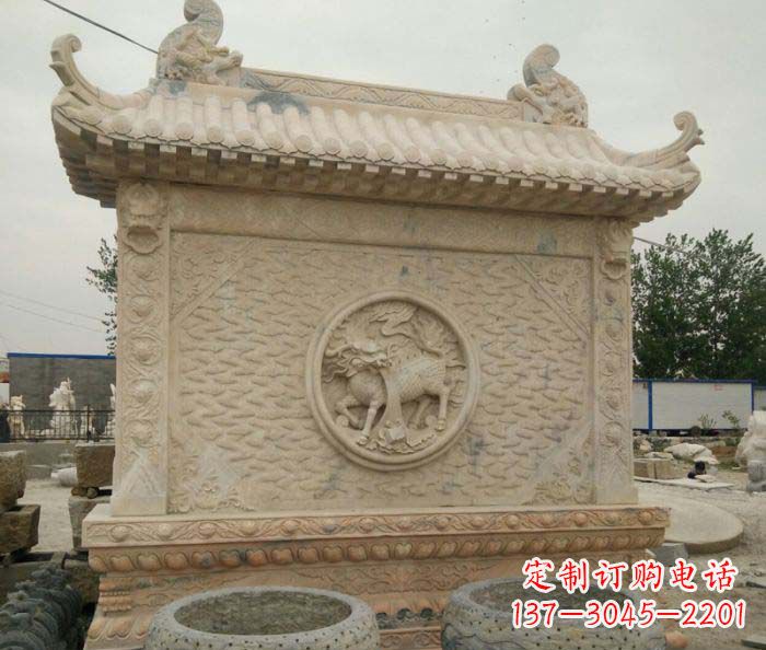 泰州园林景观晚霞红石雕影壁
