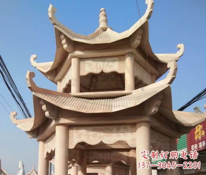 泰州园林景观晚霞红双层石雕凉亭 (2)