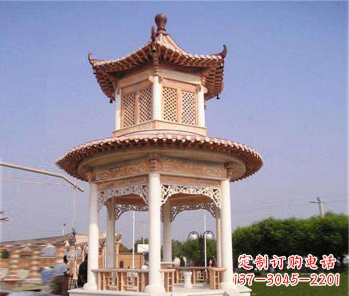 泰州园林景观晚霞红双层石雕凉亭 (4)