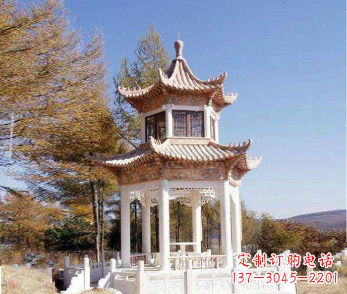 泰州园林景观晚霞红双层石雕凉亭 (3)