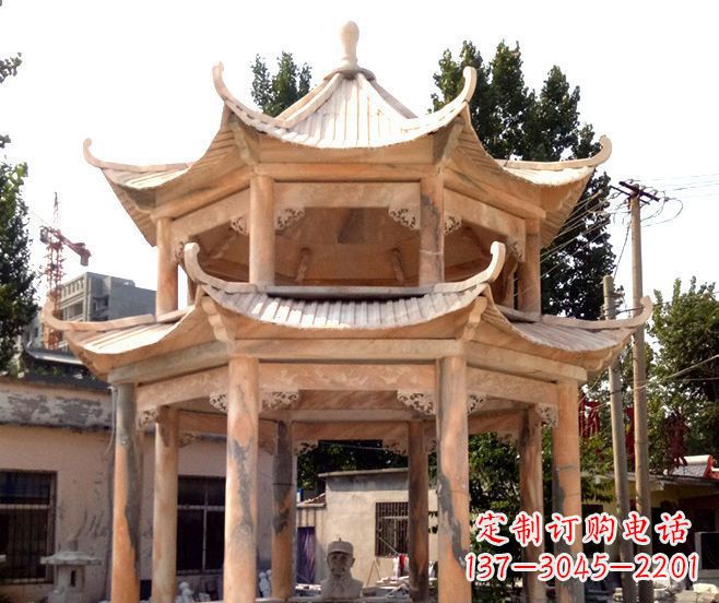 泰州园林景观晚霞红双层石雕凉亭