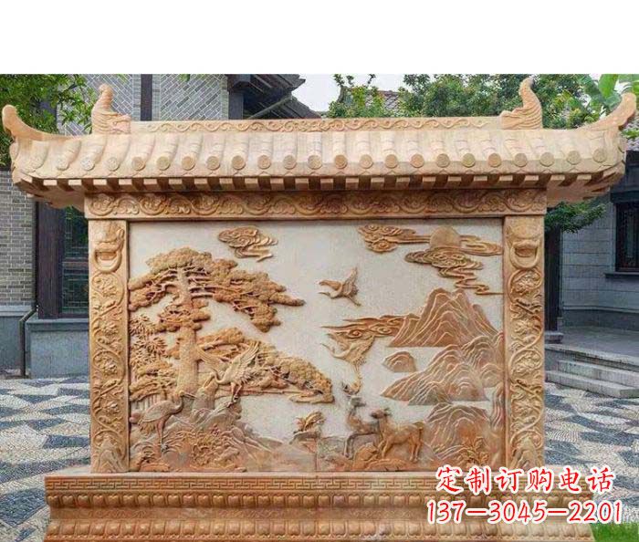 泰州园林景观晚霞红松鹤石浮雕影壁