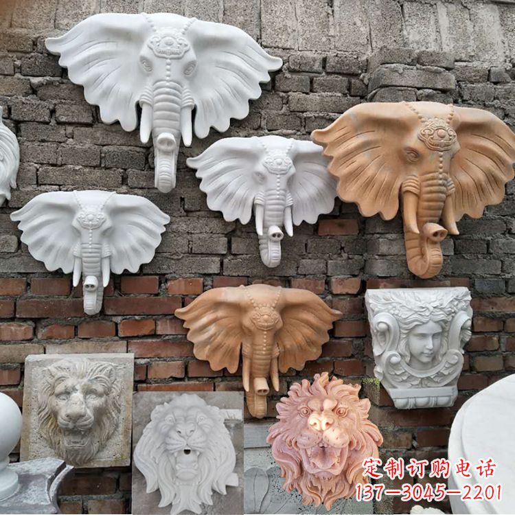 泰州园林喷水壁挂大象头部雕塑