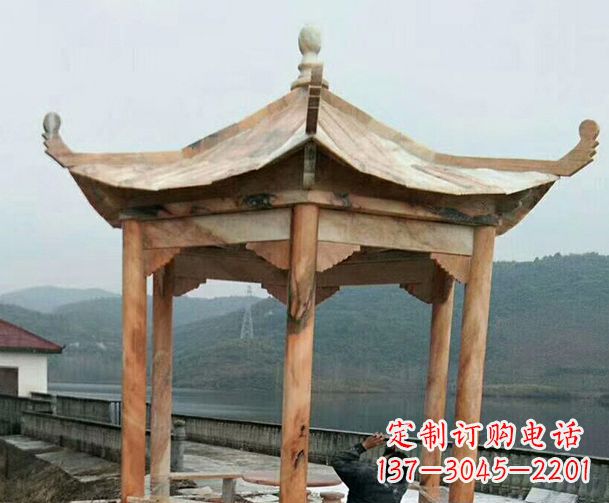 泰州园林晚霞红单层石凉亭景观石雕