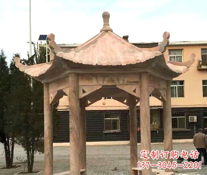 泰州园林晚霞红六角石雕凉亭