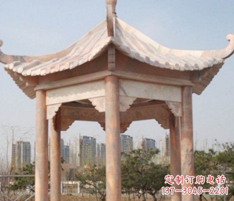 泰州园林晚霞红六角石凉亭景观石雕
