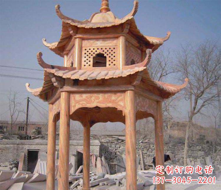 泰州园林晚霞红石凉亭景观石雕