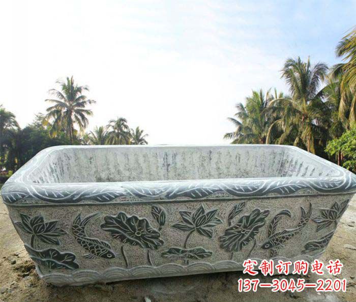 泰州长方形连年有余荷花浮雕石水缸