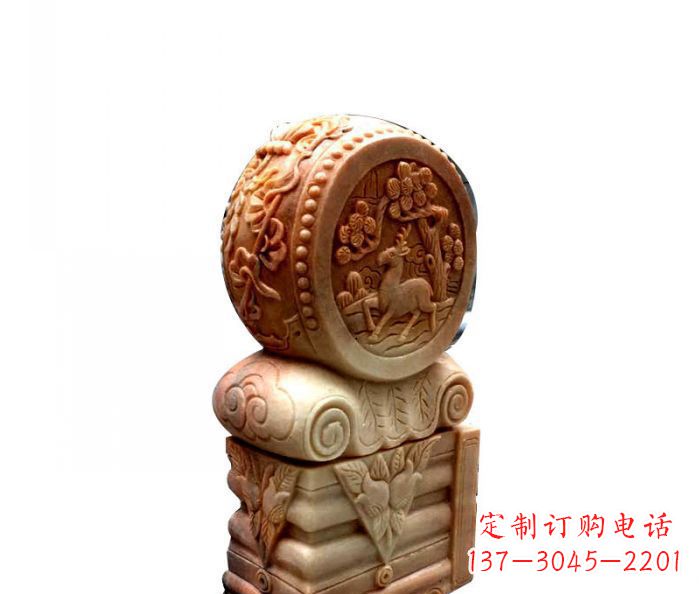 泰州招财石门墩晚霞红抱鼓石