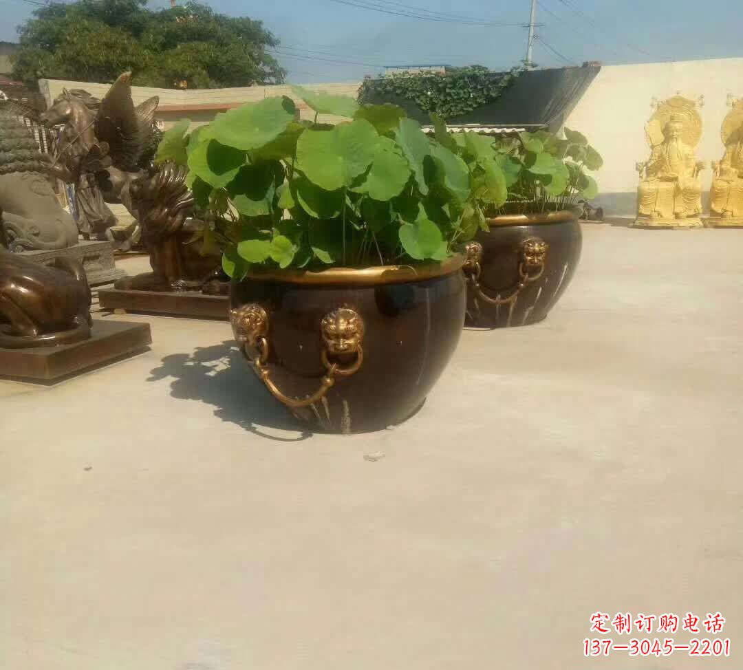泰州铸铜狮子头水缸雕塑 